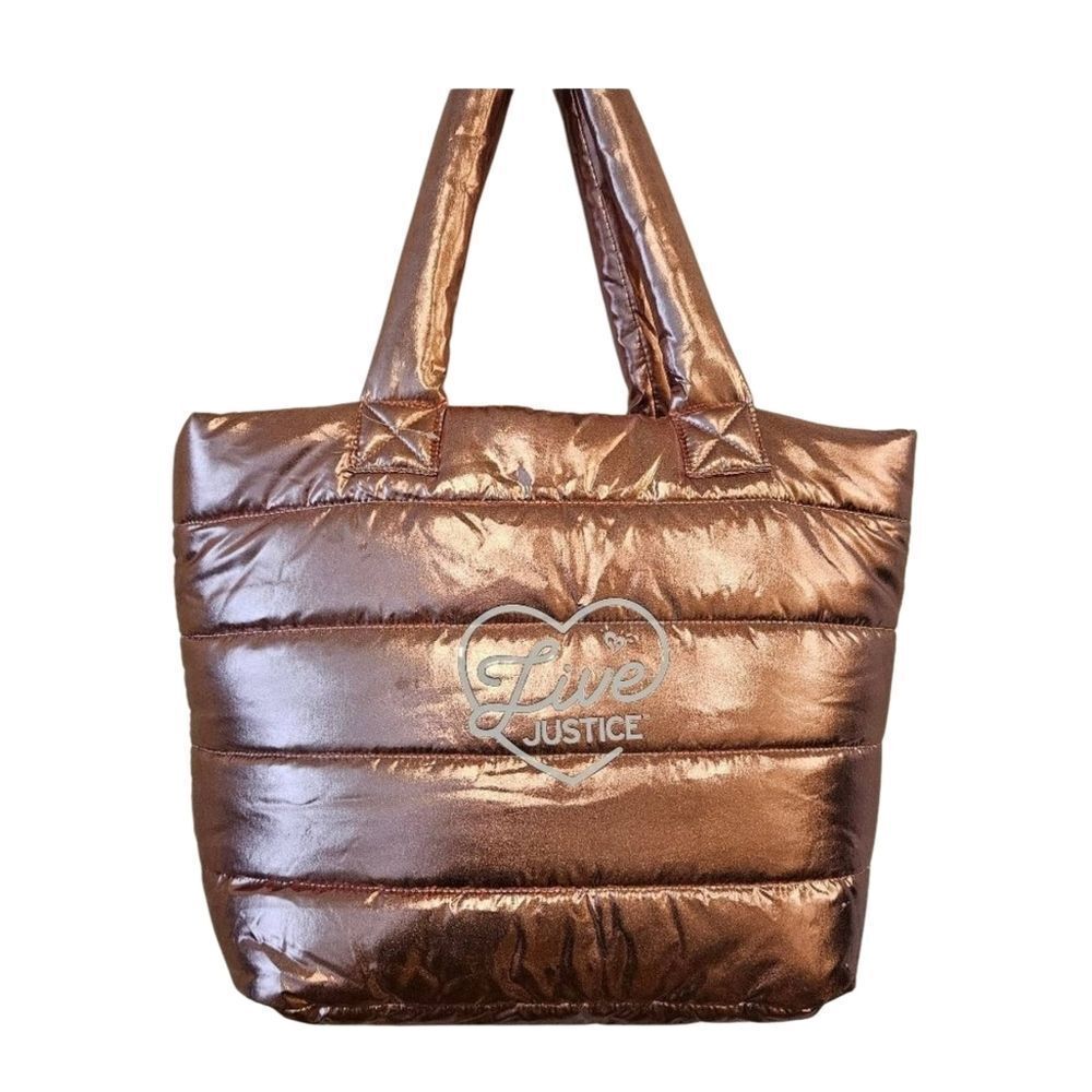 Justice Metallic Bronze Puffer Tote with Heart Logo